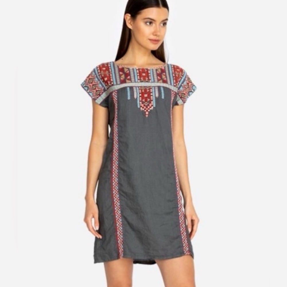 Johnny Was Gray and Red Embroidered Mini Dress